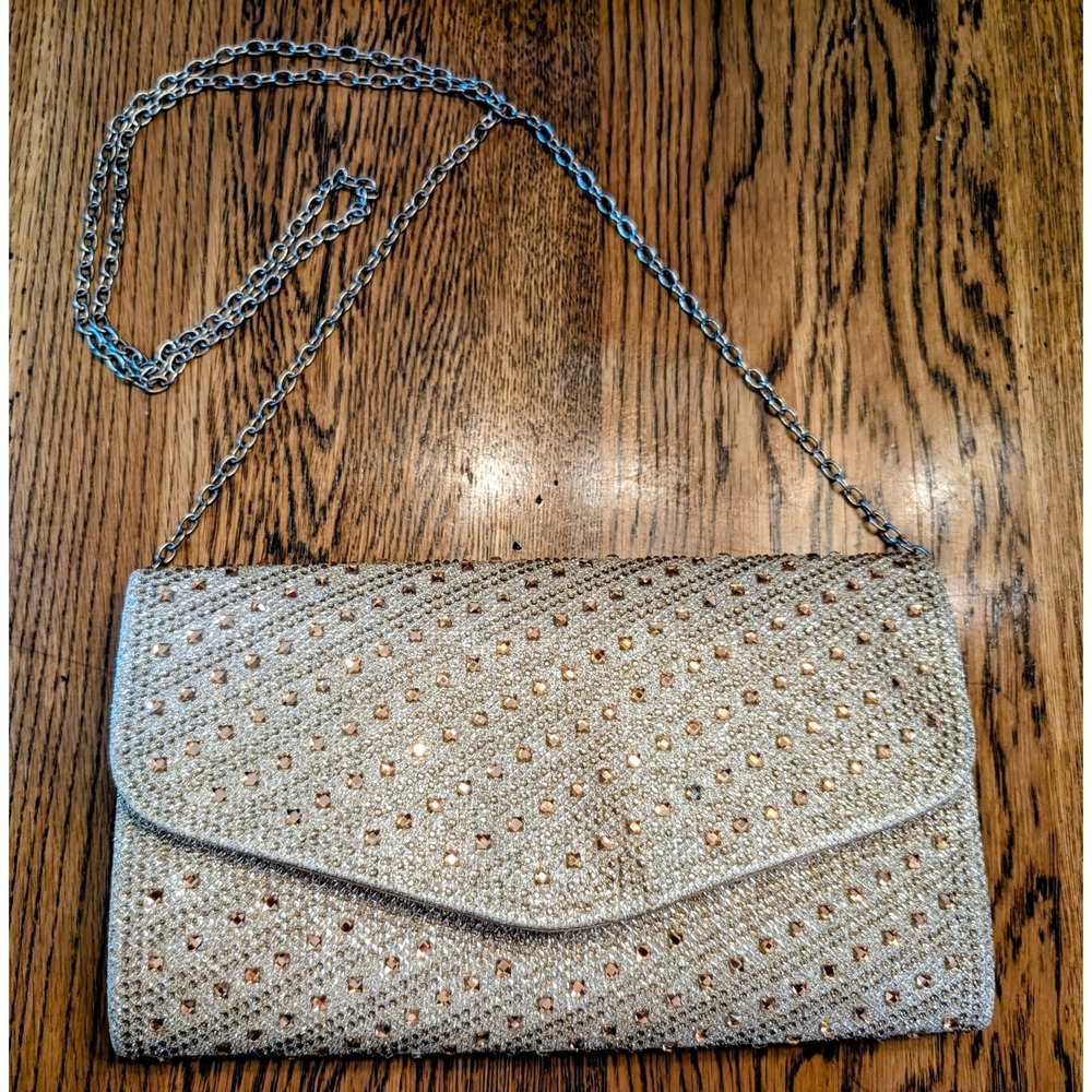 Evening Clutch Gold With Sparkling Champagne Rhinestones/Chain/Snap